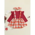 thumbnail image 4 of Suealasg 3Pcs Newborn Infant Baby Girl Christmas Outfits Clothes Set 3 6 12 18 24 Months Infant Girl  Ruffles Long Sleeve Romper Elk Plaid Bow Overall Skirt Headband, 4 of 7