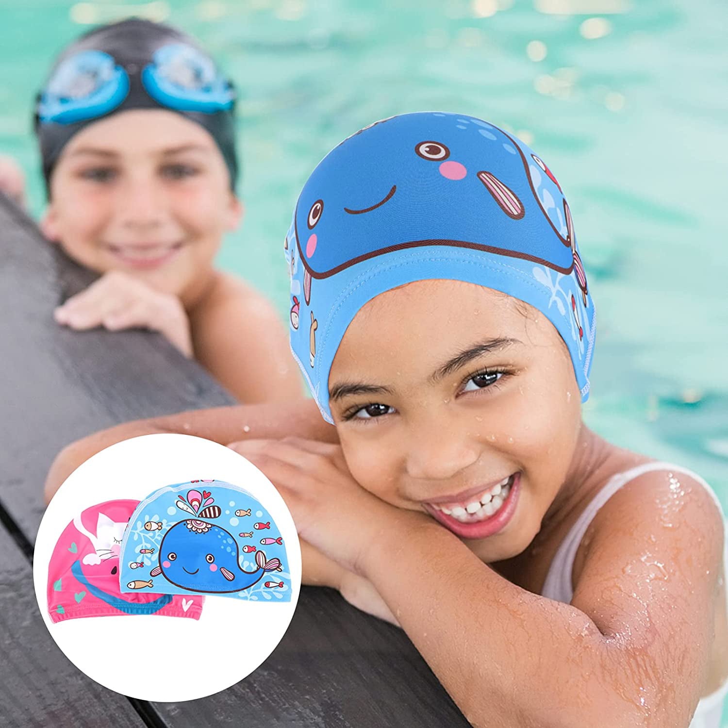 2pcs Children's Pool Swimming Caps Hat Swim Waterproof Elastic High Printed 