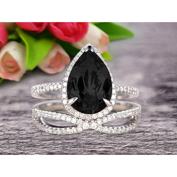 Bridal Set Tear Droped Black Diamond Moissanite Engagement Ring 2.50 Carat 8x5mm Pear Shape Gemstone Wedding Set Anniversary Ring On 10k White Gold Shining Jewelry With Matching Band