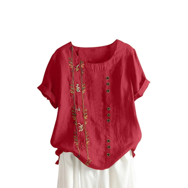 Dealovy Hauts en Coton et Lin pour Femmes, Col Rond, Manches Courtes, T-Shirts Brodés à Motif Floral, T-Shirts Grande Taille