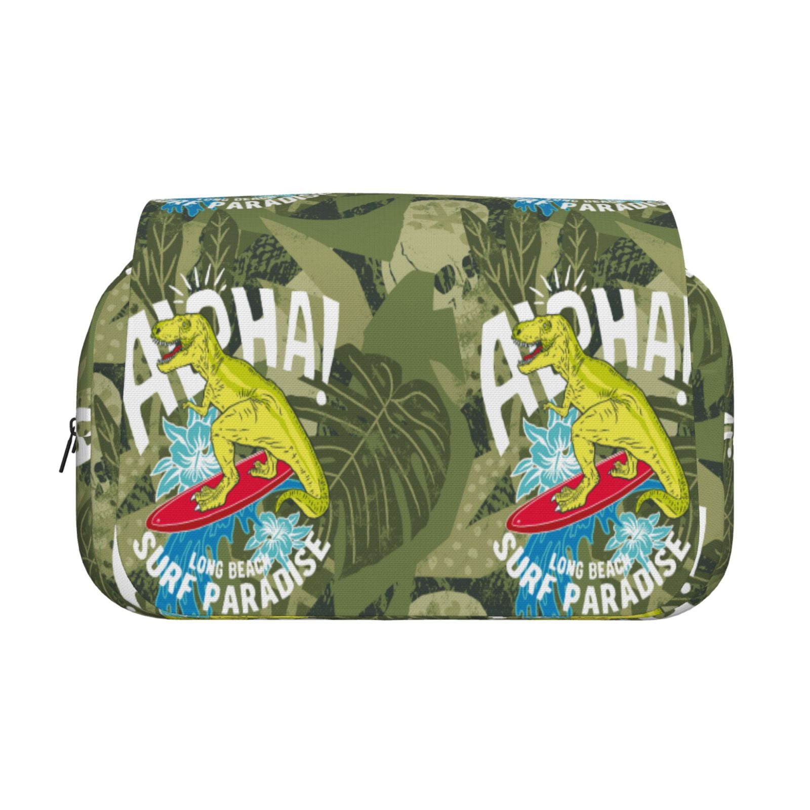 Rateoe Surfing Dinosaur Pattern Double Clamshell Pen Case, Storage Organizer with Two Zipper Compartments– Holds Up to 50 Pencils & Pens