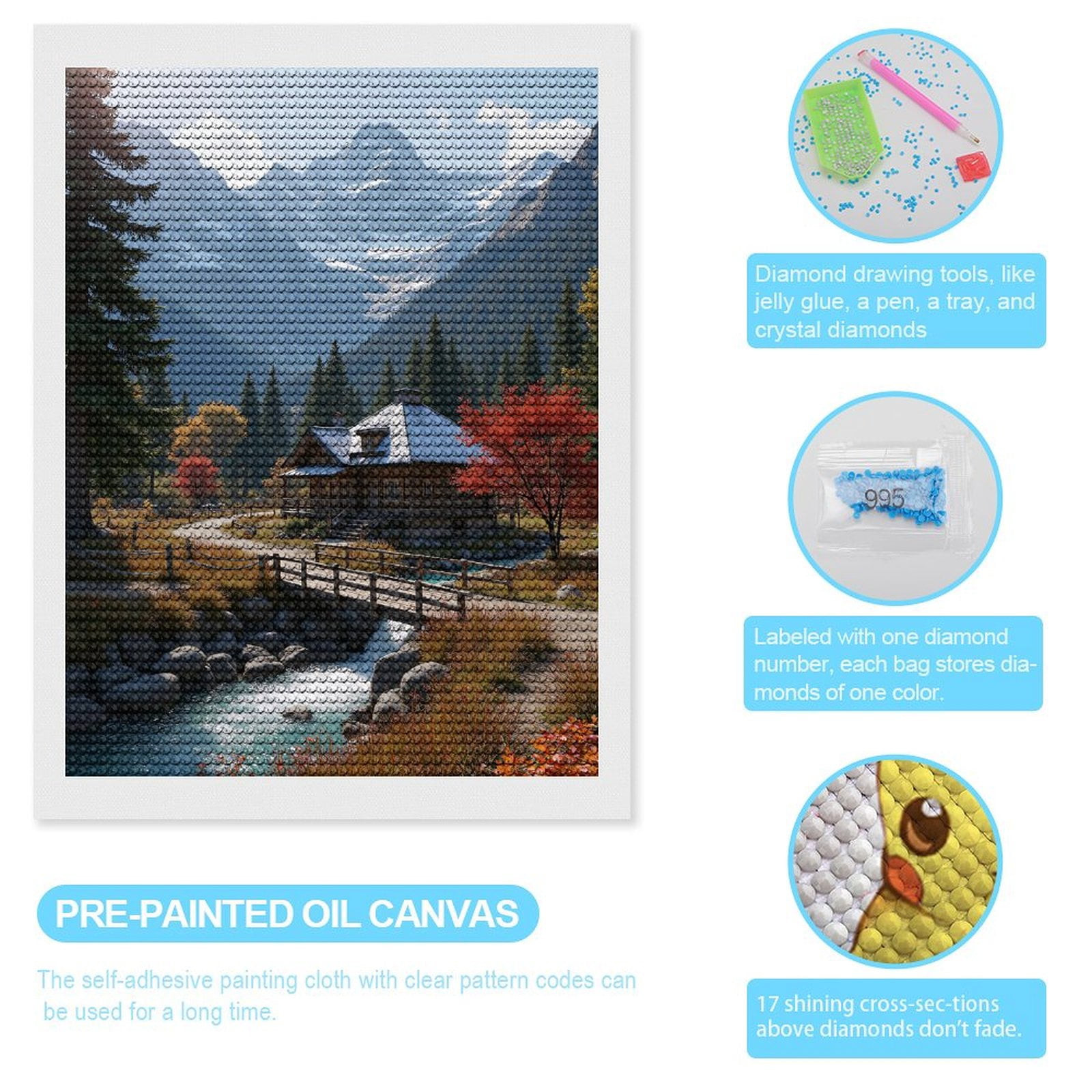 Diamond Art Kits for Adults, Mountain Cabin Autumn Stream Scene 5D Diamond Painting Kits for Adults Beginners, DIY Full Drill Diamond Painting, Gem Art and Crafts 12x16