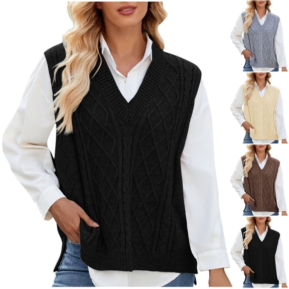 Women's Slim Fit V-Neck Sleeveless Knit Vest Top Sweater Tank, Solid Color Casual Daily Wear Business Office Outfits Fashion Essential Gift for Women | CSEONE,Beige XL