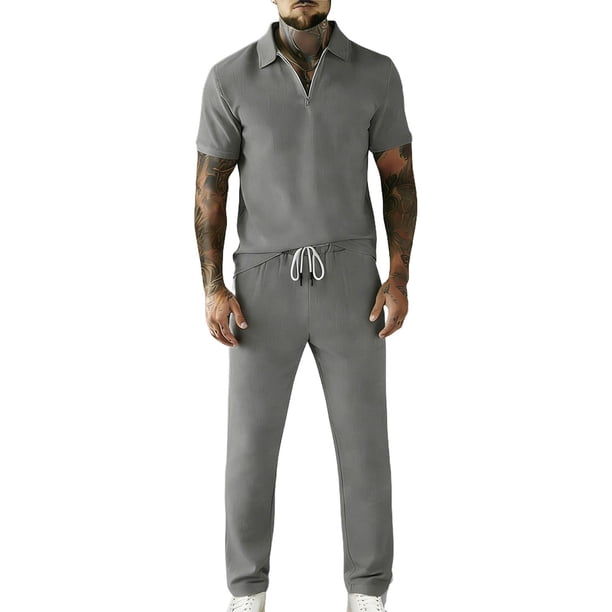 Pantalones de Cintura Elástica para Hombre Set Casual de Verano con Cremallera de Manga Corta Y Pantalones de Bolsillo con Cordón con Bolsillos de Cremallera para Hombres
