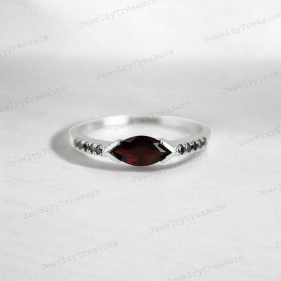 JEWELRYTREASURE 6X3 MM Garnet Promise Ring / Natural Black Onyx Ring / 925 Sterling Silver Jewelry / January Birthstone Gift For Love