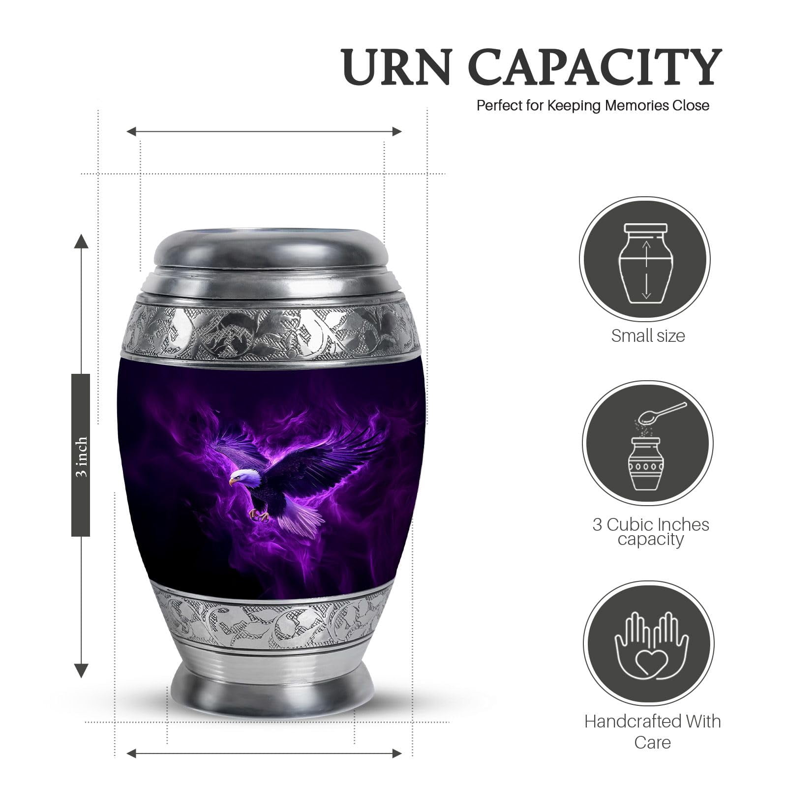 KARYLIZ Purple Eagle Cremation Urns – Combo of 5 with 10 Inch Burial Ash Holder for Adult Men & Women and 3 Inch Mini Keepsake Urns for Mom, Dad & Father – Decorative Memorial Set for Human Ashes