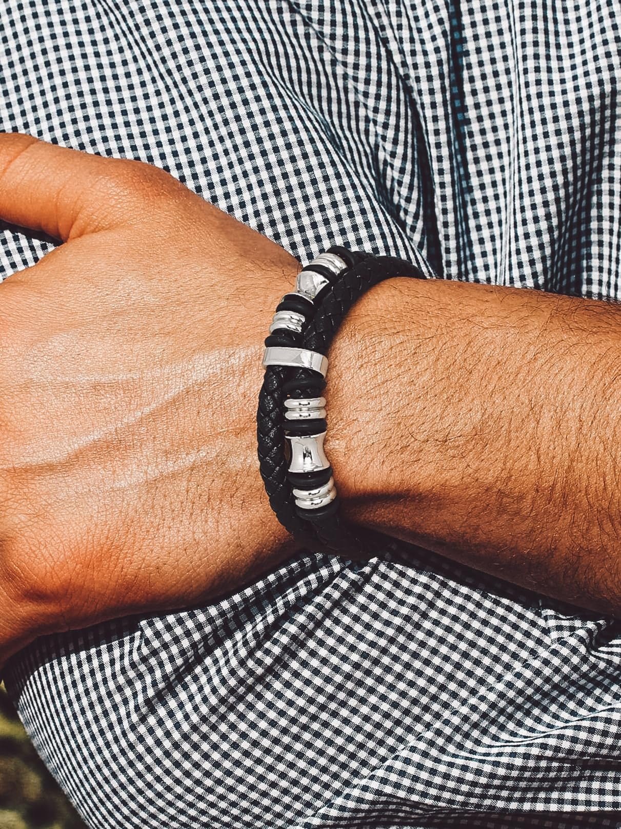 Bandmax Black Leather Bracelets for Men Double-Layer Braided Rope Bracelet with Stainless Steel Beads Wristband Wrist Bangle for Birthday Gift
