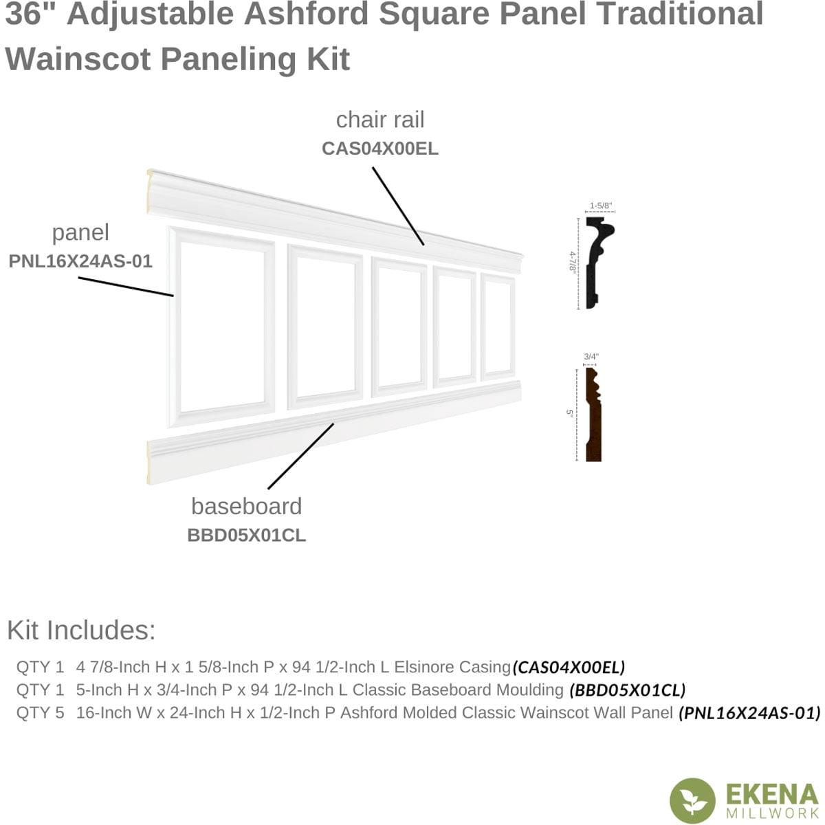 Ekena millwork 94 1/2"L (Adjustable 36"H to 40"H) Ashford Square Panel Traditional Wainscot Paneling Kit