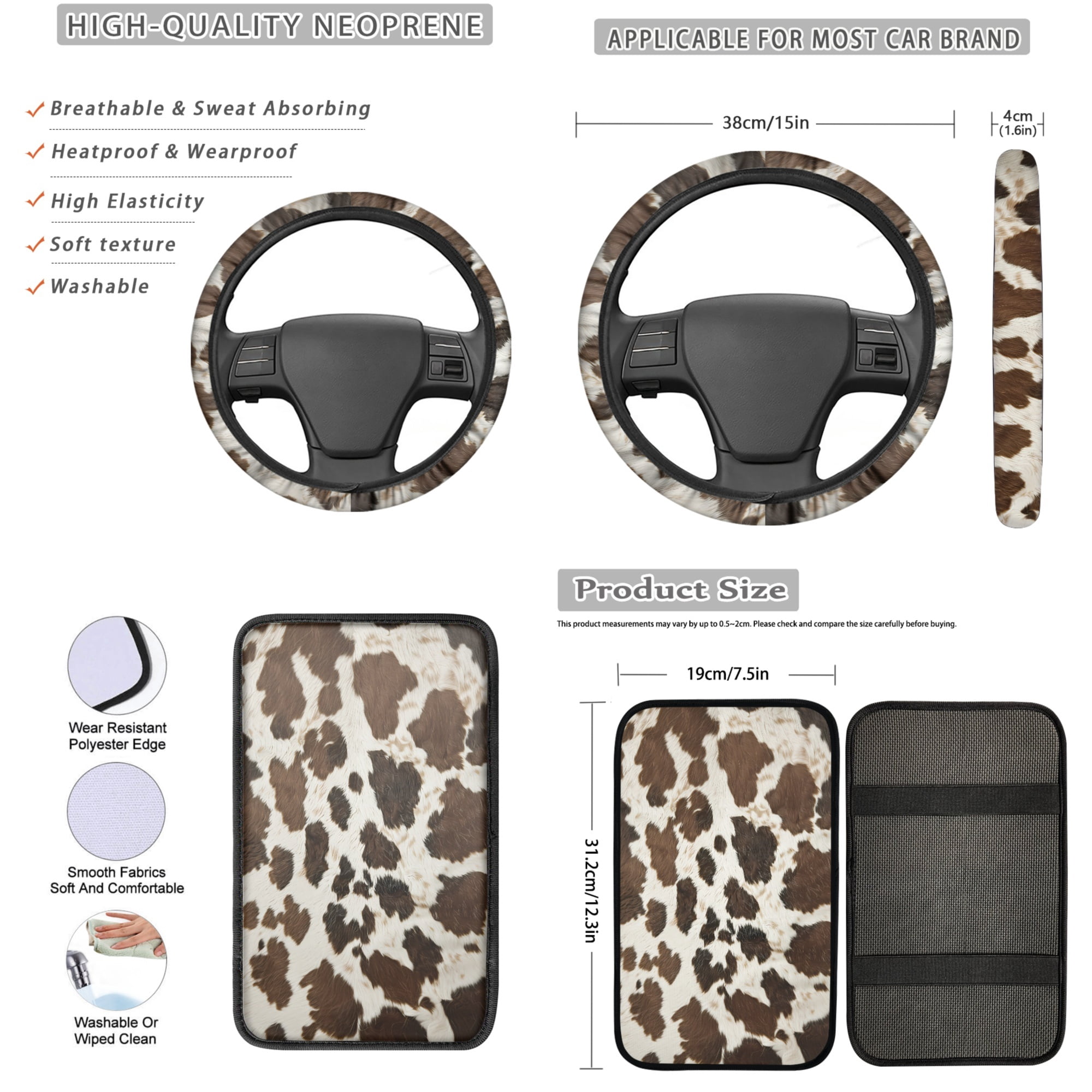 Jeiento Brown Cow Print Car Seat Covers Front Rear Split Bench Full Set Steering Wheel Seat Belt Pads Coasters Armrest Pad Keychain Chapstick Holder, 13 PCS Automobile Interior Sets
