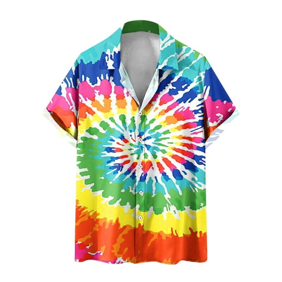 FAIWAD Men's Tie Dye Shirts Short Sleeve Button Down Colorful T-Shirt Casual Summer Beach Shirts