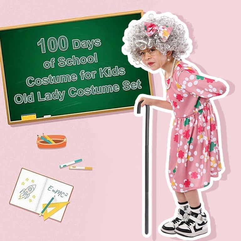 Kawell Old Lady Costume for Girls 100 Days of School Costume Grandma Granny Costume Wig for Halloween Cosplay