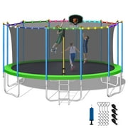 16FT Trampoline with LED Trampoline Lights, Enclosure for Adults/Kids, 1000LBS Outdoor Trampoline with 4 Pack Galvanized Wind Stake, Rubber Ball, Pump, Basketball Hoop for Backyard Happy Family Time