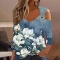 thumbnail image 2 of hxobax Sexy Cold Shoulder Tshirts Womens Eyelet Shirt Summer Floral 3/4 Sleeve Tops Basic Tee Blouse, 2 of 5