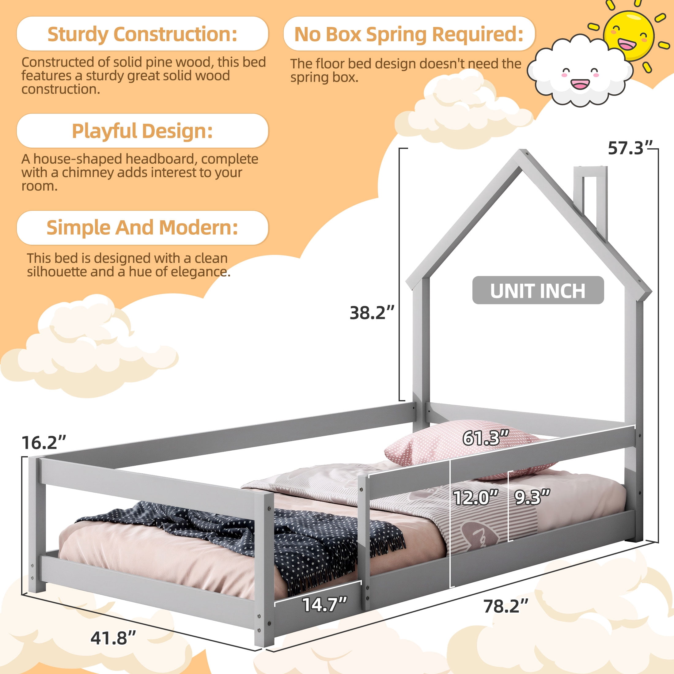 PORKISS Twin Size Floor Bed, Montessori Bed for Kids with Fence, House-shaped Headboard, Grey