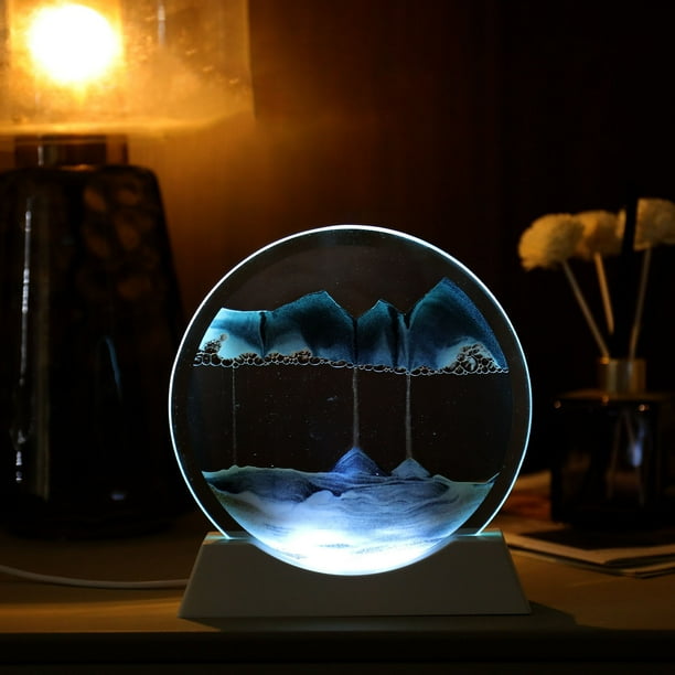 Moving Sand Art Picture W/Decor Lamp Sand Art Liquid Motion-Round Glass Sea Sandscape Display Flowing Sand Frame W/Light Relaxing 50ml