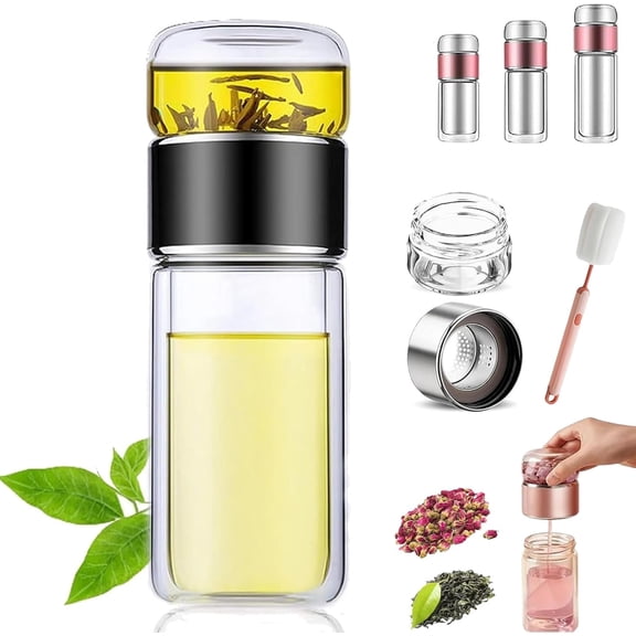 Tretiva Glass Infuser, Tea 3-in-1 Smart Tea Infuser, Travel Glass Tea Infuser, Double Layered Glas Tea Separation Leak-Proof Tea Maker, for Blooming & Loose Leaf Tea , Tea Water Separation Pot