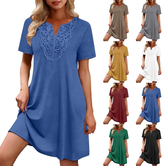 Women's Summer Dresses Solid-Color Short-Sleeve Lace-Panel Knee-Length Casual Weekend Daily Wear