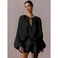 thumbnail image 4 of Elegant Ruffle Short Dress for Women Pleated Lantern Long Sleeve Lace Up Tie Waist Bohemian Beach Dresses Black S, 4 of 8
