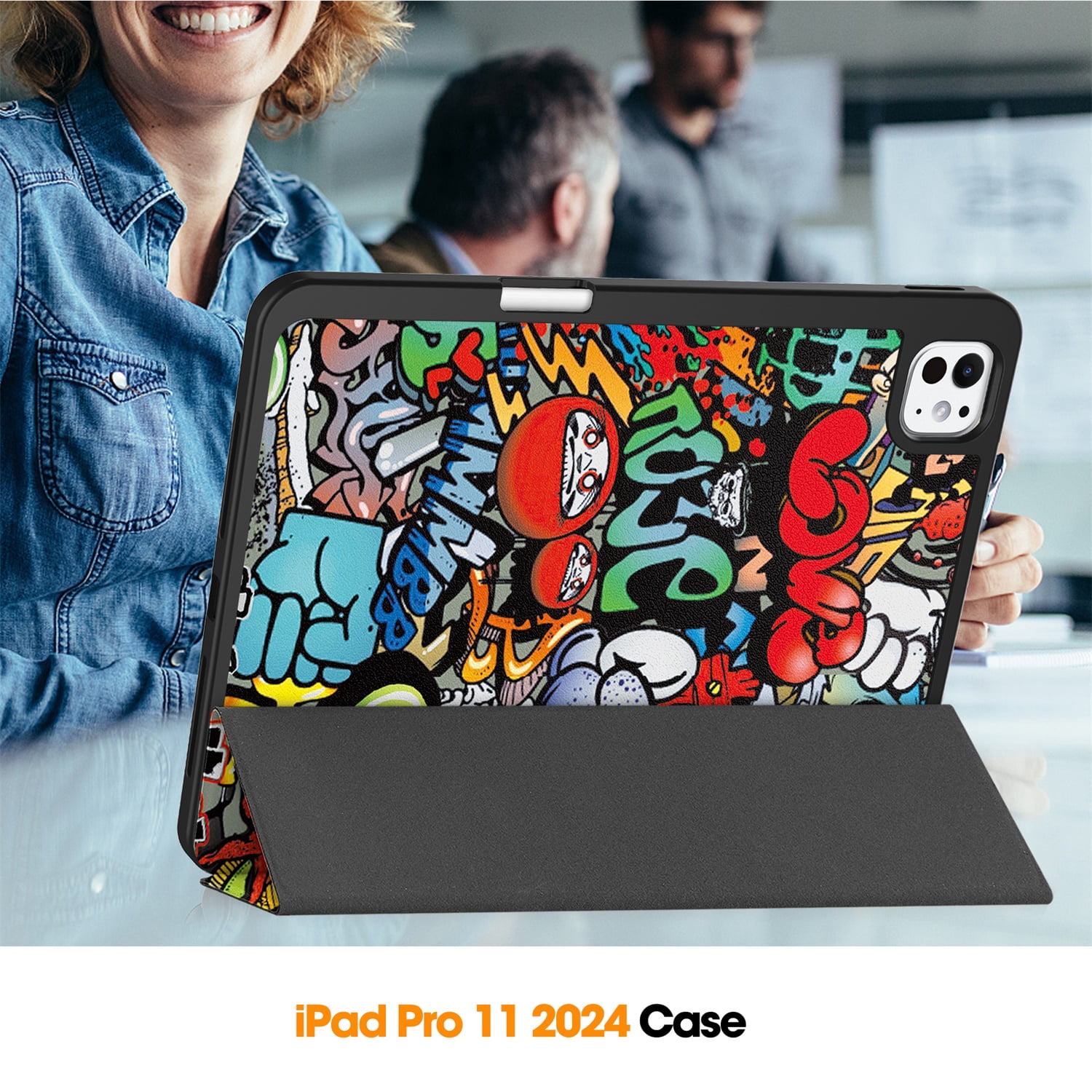 SaniMore for Apple iPad Pro 11 (2024) Case, Auto Sleep/Wake, PU Leather Case with Tri-Fold Kickstand & Pencil Holder Shockproof Protective Cover for Women Men, Graffiti
