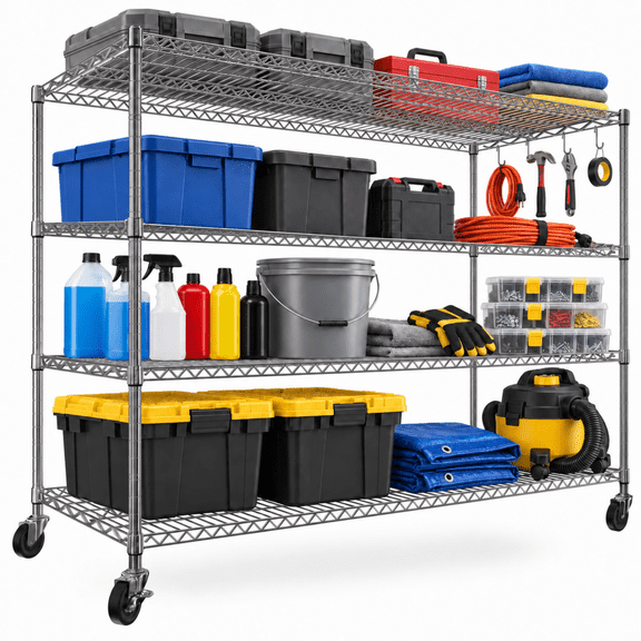 PrimeZone 4-Tier Wire Storage Shelves with Wheels, 55.8"W x 24"D x 81"H Adjustable Metal Shelf Rack Unit Organizer, Heavy Duty Wire Shelf for Garage Warehouse Office Restaurant Kitchen, Chrome