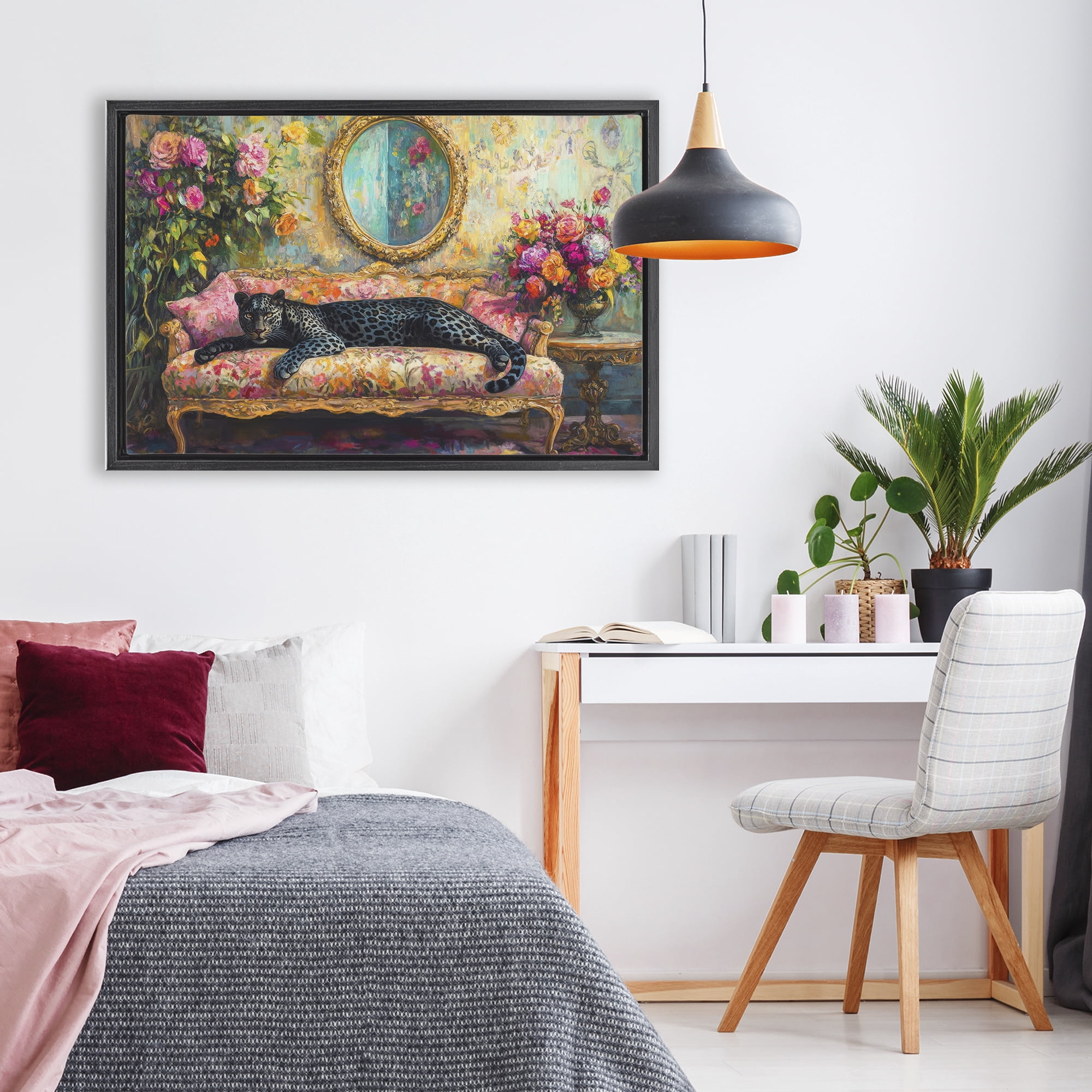 Stupell Industries Lounging Leopard on Floral Sofa Black Framed Floater Canvas Wall Art, design by Petal Prints Design