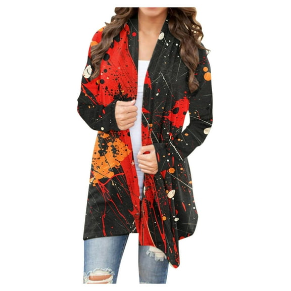 WXLWZYWL Womens Halloween Costumes 2024, Cute Pumpkin Ghost Bat Cat Spider Printed Long Sleeve Cardigan Sweaters for Women Lightweight
