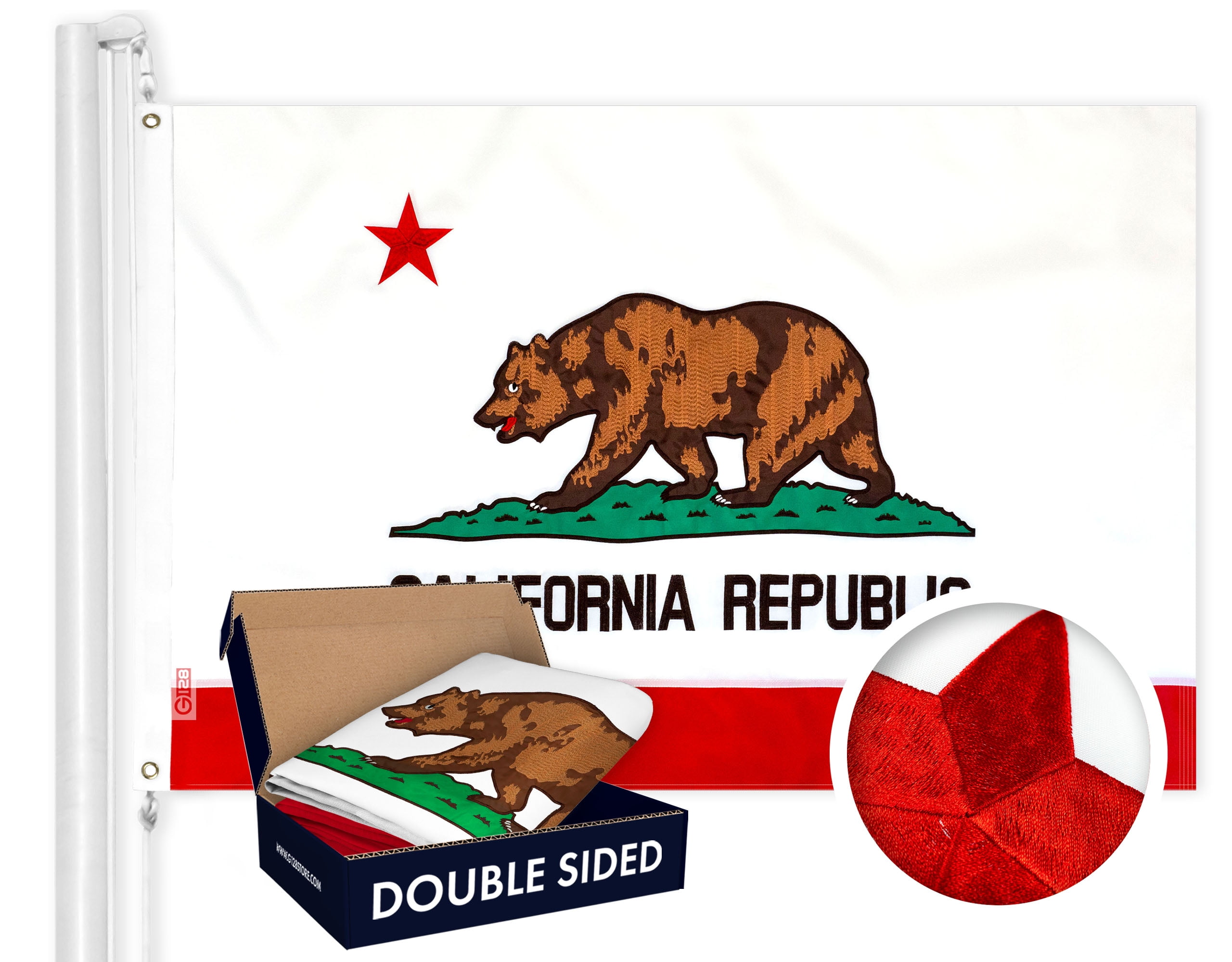 G128 – California State Flag | 3x5 feet | Double Sided Embroidered 210D – Indoor/Outdoor, Vibrant Colors, Brass Grommets, Heavy Duty Polyester, 3-ply