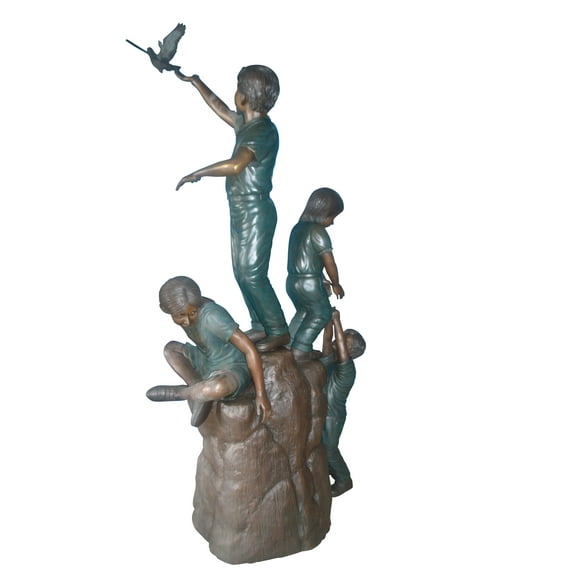 Nifao Four Kids Playing on a Rock Bronze Statue – Outdoor Garden Decor Sculpture, 49"L x 26"W x 89"H