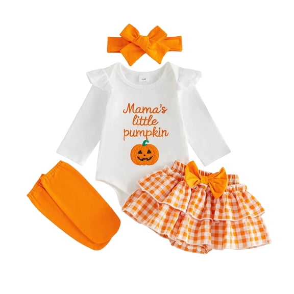 Zaveiop Infant Baby Girl Halloween Outfit 3 6 9 12 18 Months Long Sleeve Romper Skort Headband and Socks Clothes Set Size 3-6 Months