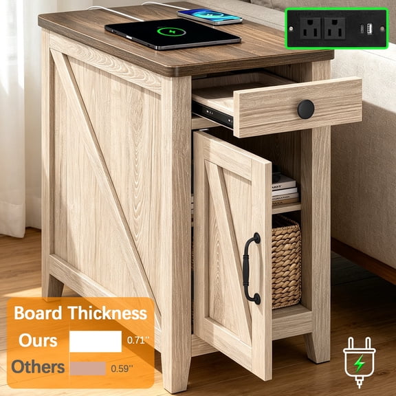 Farmhouse End Table with Charging Station, Narrow Nightstand for Living Room, Small Wooden Sofa Side Table, Bedside Table with Drawer and Storage Cabinet, Wood Night Stand