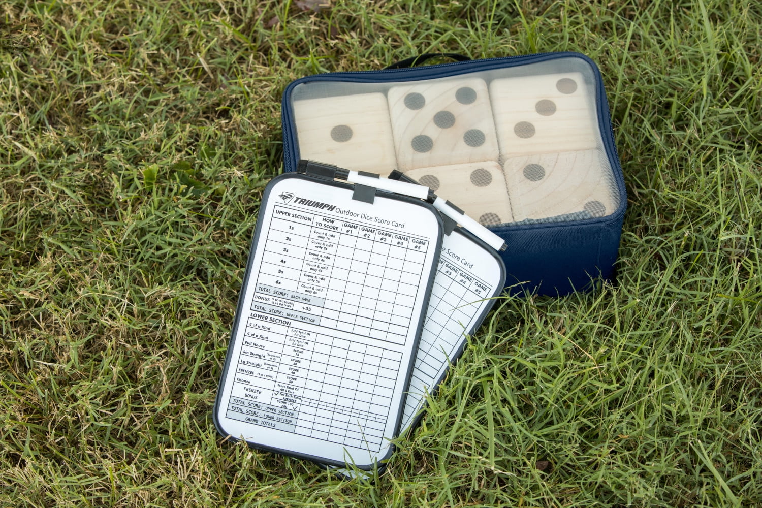 Triumph Big Roller Six Large Wooden Lawn Dice Set for Outdoor Use with Included Dry-Erase Scorecards, Markers, and Carry Bag