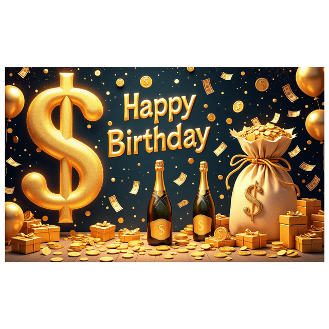 Golden Theme Happy Birthday Banner Decorative Design Party Backdrop for Birthday Celebration Indoor Party Event