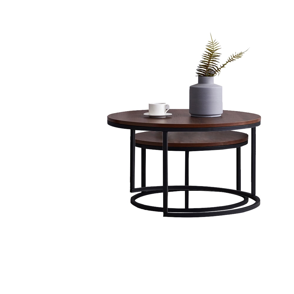 Private Jungle Round Nesting Coffee Table Set of 2 Modern Accent Coffee Table with Walnut Wooden Top and Black Metal Frame-31.5" Private Jungle Round Nesting Coffee Table Set of 2 Modern Accent Coffee Table with Walnut Wooden Top and Black Metal Frame-31.5"