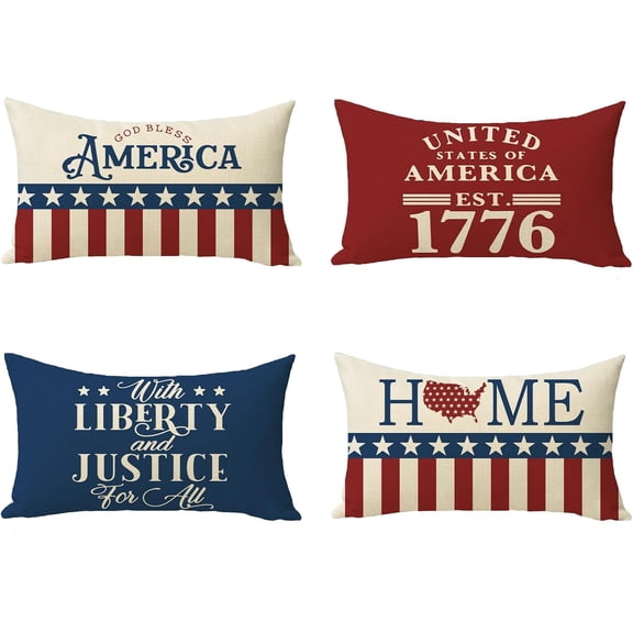 4th of July American Patriotic Decorative Lumber Pillow Cover 12x20 Set of 4, USA Star Stripe God Bless America United States Est.1776 Cushion Case Home Decor with Liberty and Justice for All