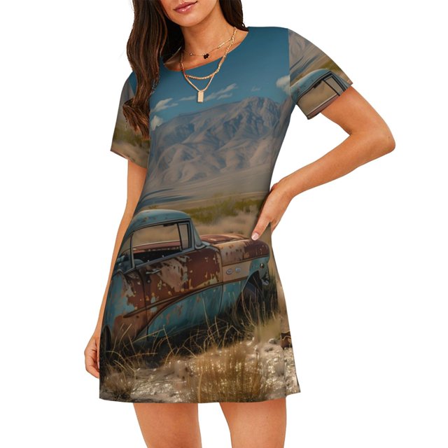 Balery Deserted Classic Car Landscape Camisón de manga corta con cuello redondo para mujer, cómodo y elegante.