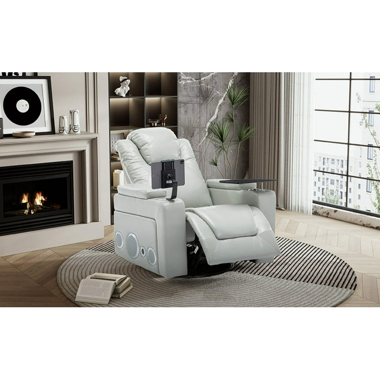 270 Degree Swivel Pu Leather Power Recliner Individual Seat Home Theater Recliner With Surround Sound Cup Holder Removable Tray Table Hidden Arm