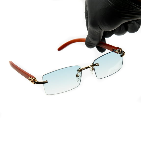 Men's Rimless Gold Frame Sky Blue Tint Hip Hop Woodgrain Sunglasses