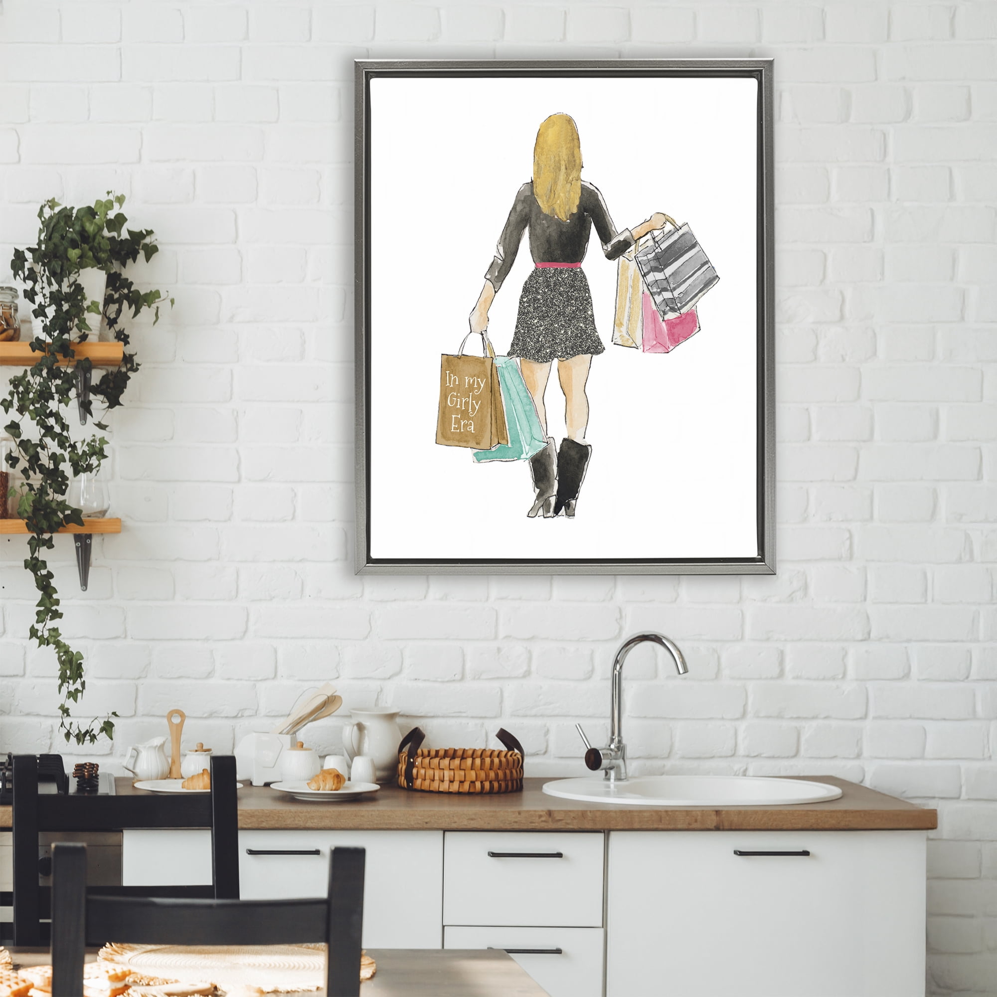Stupell Industries Girl With Shopping Bags Gray Framed Floater Canvas Wall Art, design by Lanie Loreth