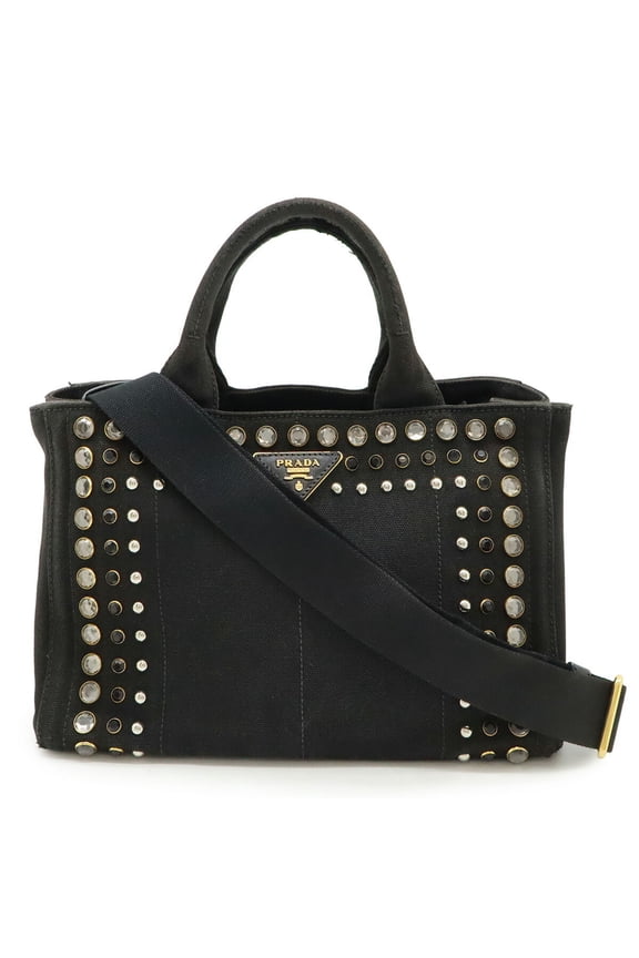Pre-Owned PRADA CANAPA Tote/Shoulder Bag in Black Canvas with Beaded Studs (NERO,... (Fair)