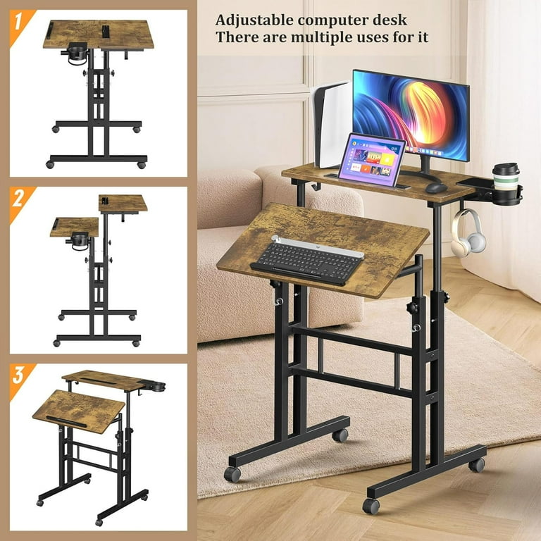 Small Standing Desk With Wheels – Adjustable Height Mobile Desk For Walking Pad, Laptop, Rolling Computer Desk