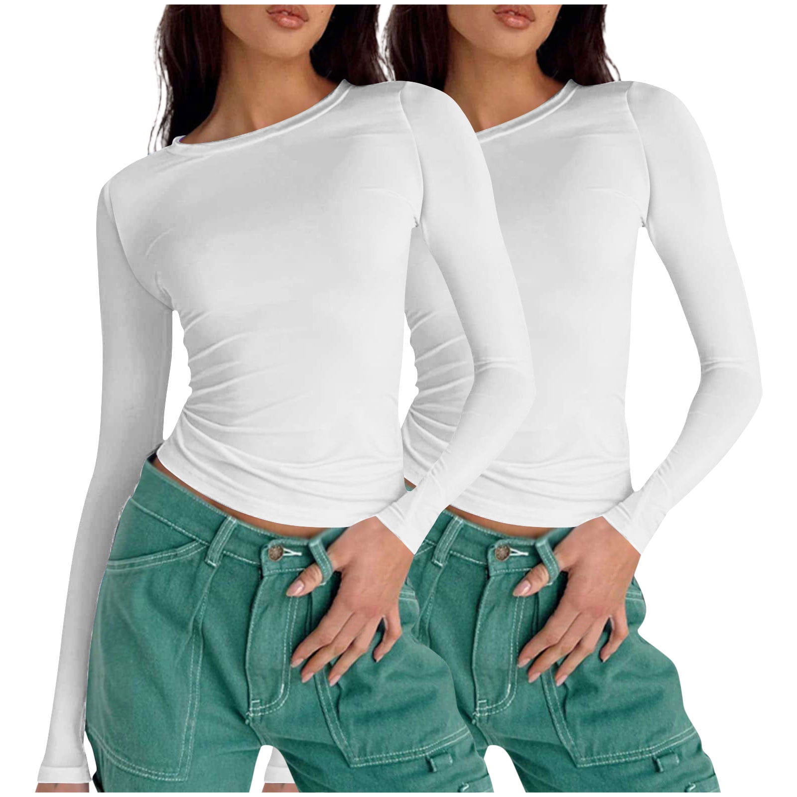 Womens Tops, 2PC Long Sleeve Shirts for Women Soft Crew Neck Fall 