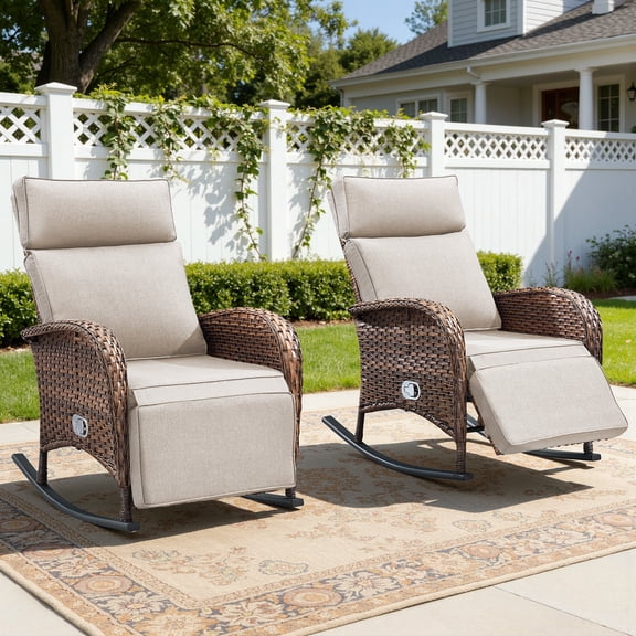 Bellefurn Outdoor Rocking Recliner Chairs,Patio Wicker Rocking Chairs Outdoor Lounge Chairs with Adjustable Backrest & Footrest,Reclining Lounge Rocker Chair for Outdoor,Fire Pit,Pool,Garden