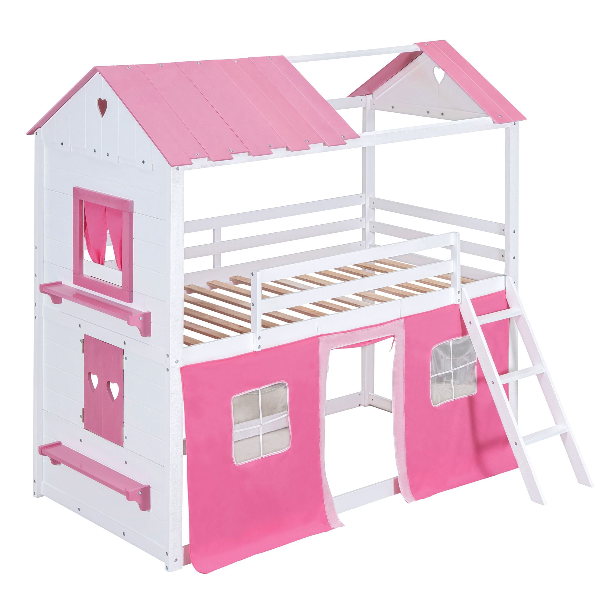Aukfa Twin over Twin Bunk Bed with Tent and Roof, Wood Playhouse Bed for Kids, Pink
