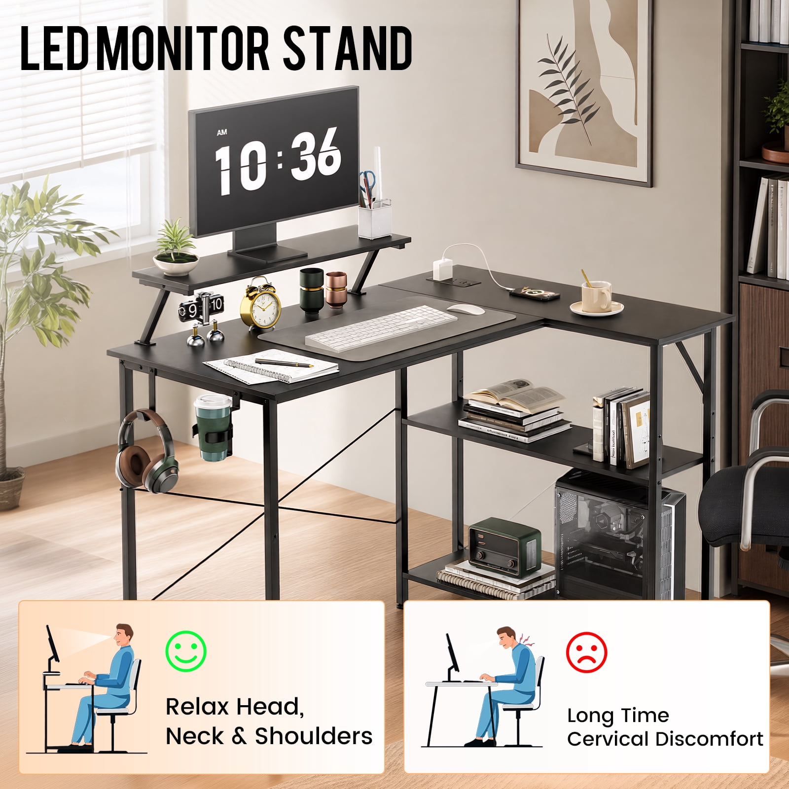 CLOUDREST PTO 42" L-Shaped Office Desk with Power Outlets & RGB LEDs, Black