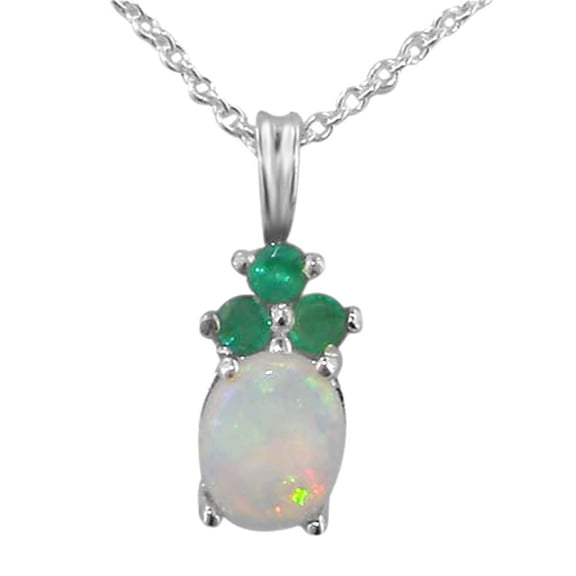 LBG Ladies Solid 925 Sterling Silver Natural Opal and Emerald Contemporary Pendant Necklace