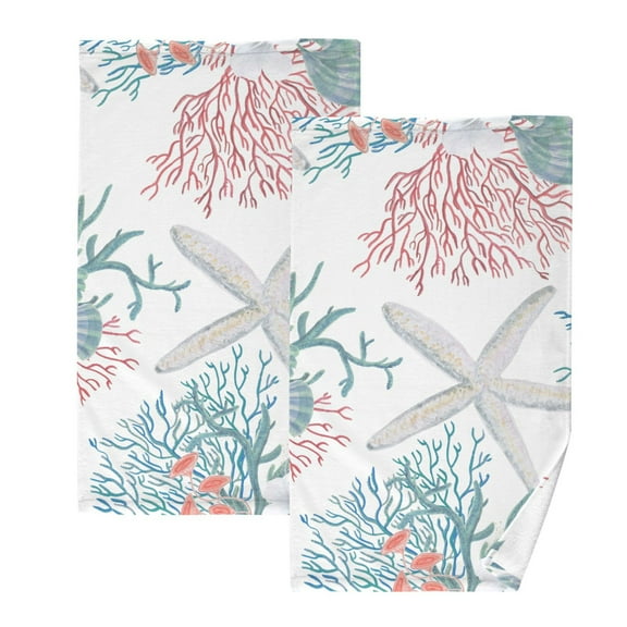 Bath Hand Towel 2 Pcs Beach Coastal Seastars Hibiscus Flowers Absorbent Face Towel Soft Breathable Cotton Towel Set for Bathroom Kitchen Hotel Spa Gift Decor