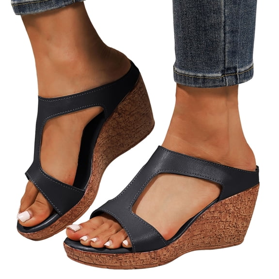 Rokment Women's Platform Wedges Dressy Sandals Trendy Casual Leather Open Toe Chunky High Heels Orthopedic Gladiator Dress Slip on Summer Shoes for Ladies Black Size 6