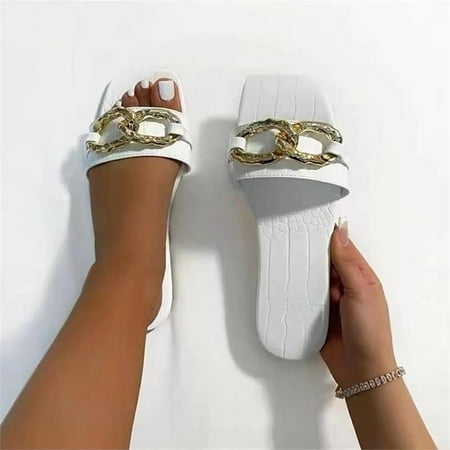 

KKCXFJX slippers for women Sandals Women Casual Peep Toe Flat Heels Shoes Metal Button Chain Summer Slippers Slippers