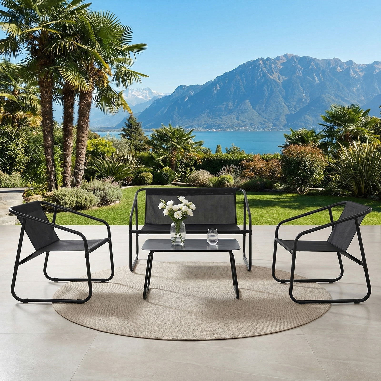 Simenmax 4-Piece Patio Furniture Set, Outdoor Bistro Conversation Set with Tempered Glass Coffee Table for Garden, Poolside, Balcony, Black