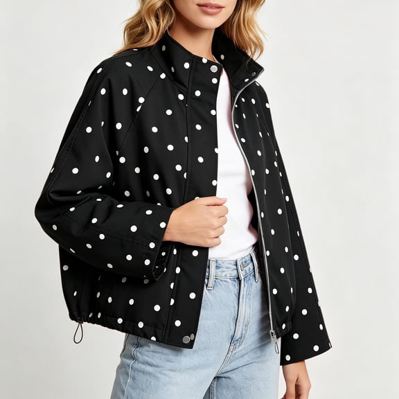 WIZUTIZ Women's Polka Dot Zip Up Jacket Lapel Collar Drawstring Hem Casual Lightweight Coat Spring Fall Outerwear with Pockets